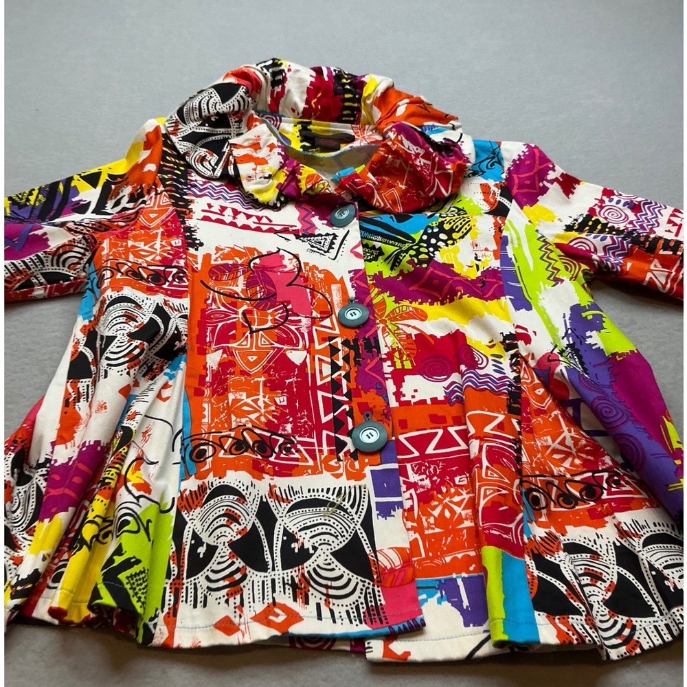 Pleats Collection Abstract Tribal Print‎ Jacket Size Large Ruffle Collar Swing